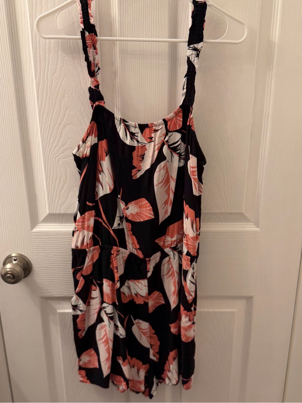 Express Black romper with Coral and White Leaf Print